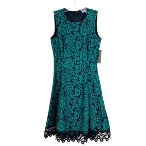 Donna Ricco NWT A-Line Dress Size 2 Green Black Lace Sleeveless Knee Length